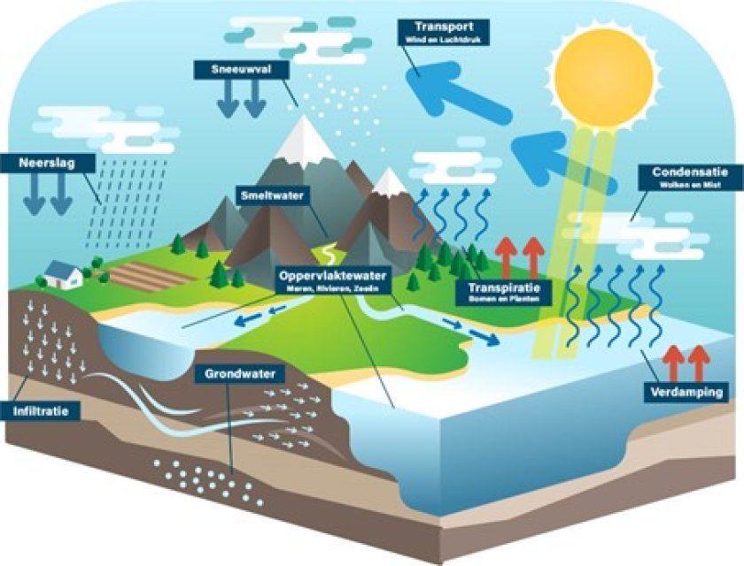 Een schematisch overzicht van de natuurlijke watercyclus op aarde. Aan de hand van dit plaatje wordt snel duidelijk dat neerslag een cruciale rol speelt in de waterbalans. In gebieden waar weinig neerslag valt, is het aanwezige grondwater vaak een natuurlijke reserve die in de loop van duizenden jaren is opgebouwd. De reserves raken uitgeput als mensen elk jaar meer water onttrekken dan er natuurlijk wordt aangevuld. Bron: VectorMine/Shutterstock.com