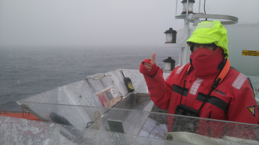 Bram Feij counts birds and marine mammals from an observation post on RV Polarstern © Susanne Kühn