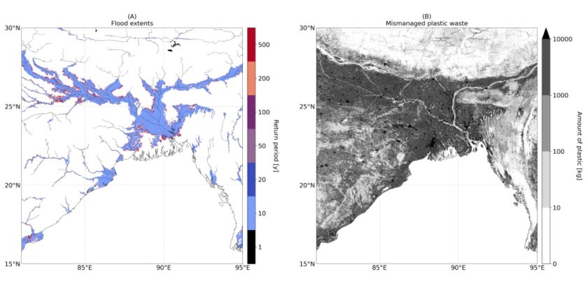 An illustration from the research, showing the flood areas (left) and the amount of unprocessed plastic waste in, among others, Bangladesh and India (right) along the Ganges.