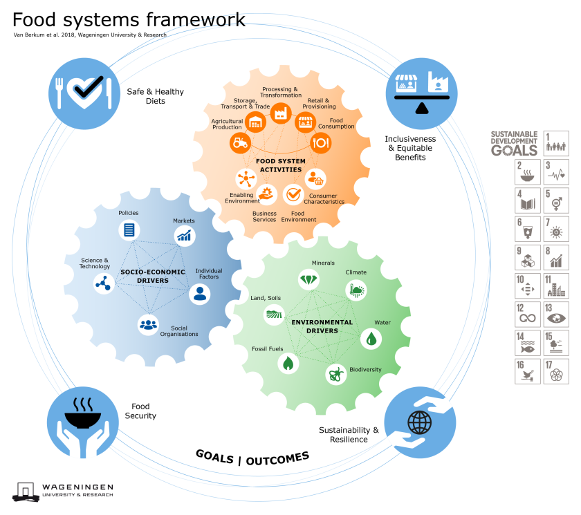 Figure 2: Food systems approach infographic including the four main goals: 1) Food security, 2) Safe & healthy diets, 3) Inclusiveness & equitable benefits, and 4) Sustainability & resilience.