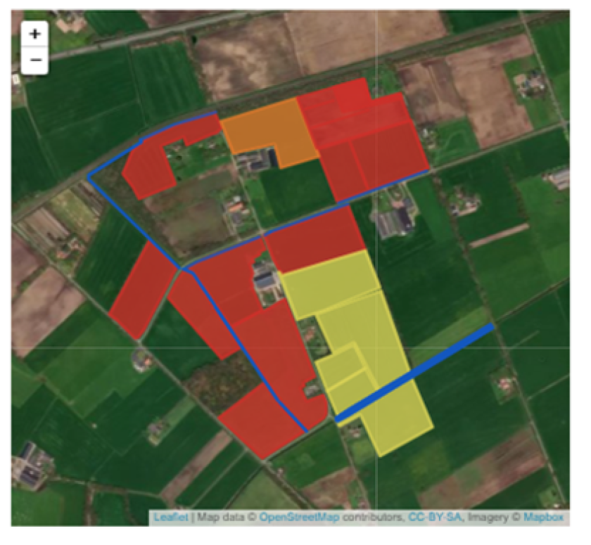 Figuur 2:  Het risico op droogteproblemen op Koeien & Kansen-bedrijf Stevens volgens de BedrijfsWaterWijzer. Betekenis van de kleuren rood, oranje, geel, groen: veel, vrij veel, matig, weinig risico.